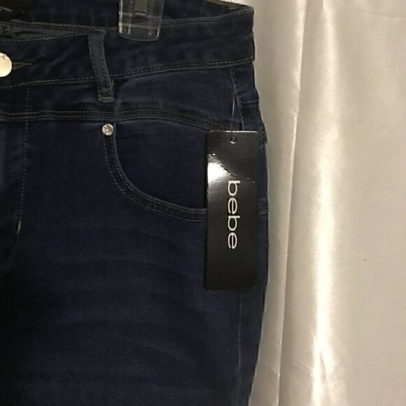 Bebe Destroyed Distressed Rhinestone Dark Wash Blue Skinny Jeans 30 - Picture 6 of 8